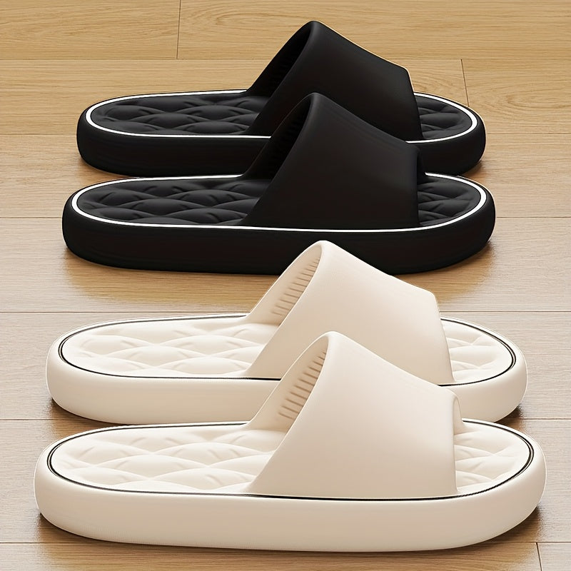 [Comfortable Slides] Comfortable Unisex EVA Slides | Non-Slip Indoor/Outdoor Slippers for Men and Women, Black with White Trim, Textured Sole for Enhanced Grip, Perfect for Home, Bathroom, or Casual Use, House Slippers