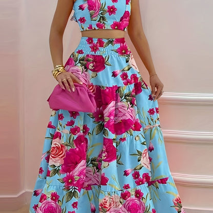 Vacation Style Floral Print Two-piece Set, Ruffle Trim Crop Top & High Waist Swing Skirt Outfits, Women's Clothing