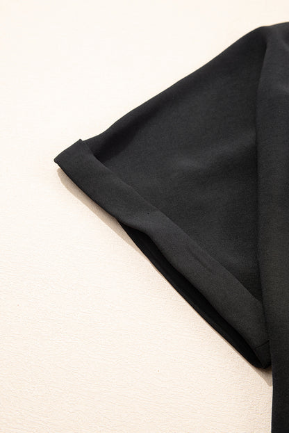 Black Seamed Back High Low Hem V Neck Cuffed Sleeve Plus Size Tee