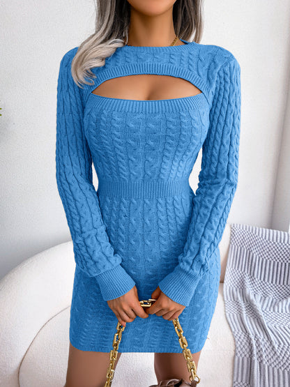 Solid Ribbed Knit Keyhole Dress, Elegant Crew Neck Long Sleeve Bodycon Dress, Women's Clothing