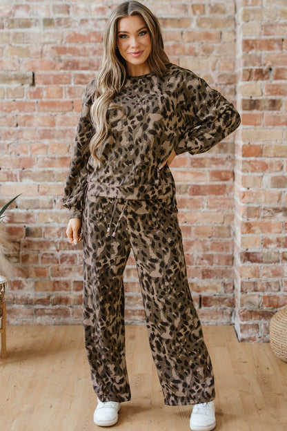 Brown Leopard Print Raw Seam Patchwork Pullover Drawstring Loose Pant Set