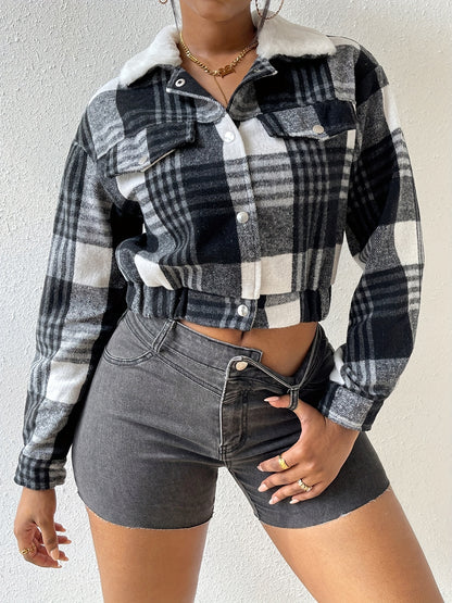 Button Plaid Faux Fur Collar Jacket, Casual Long Sleeve Crop Jacket For Fall & Winter, Women's Clothing
