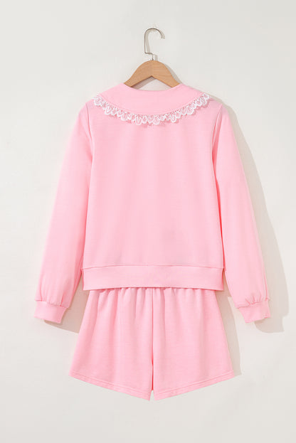 Pink Peter Pan Lace Embellished Neck Collision Sweatshirt and Skirt Two Piece Set