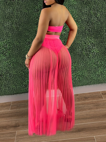 Chic Womens 3-Piece Swimsuit Set - Flattering Bandeau Bikini with Fishnet Cover-Up Maxi Dress & Party Skirt - Beach to Club Fashion Must-Have