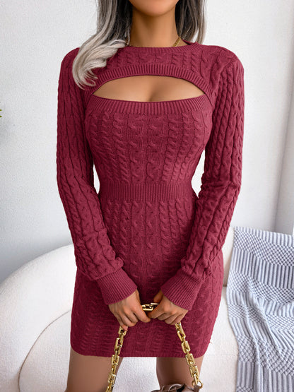 Solid Ribbed Knit Keyhole Dress, Elegant Crew Neck Long Sleeve Bodycon Dress, Women's Clothing