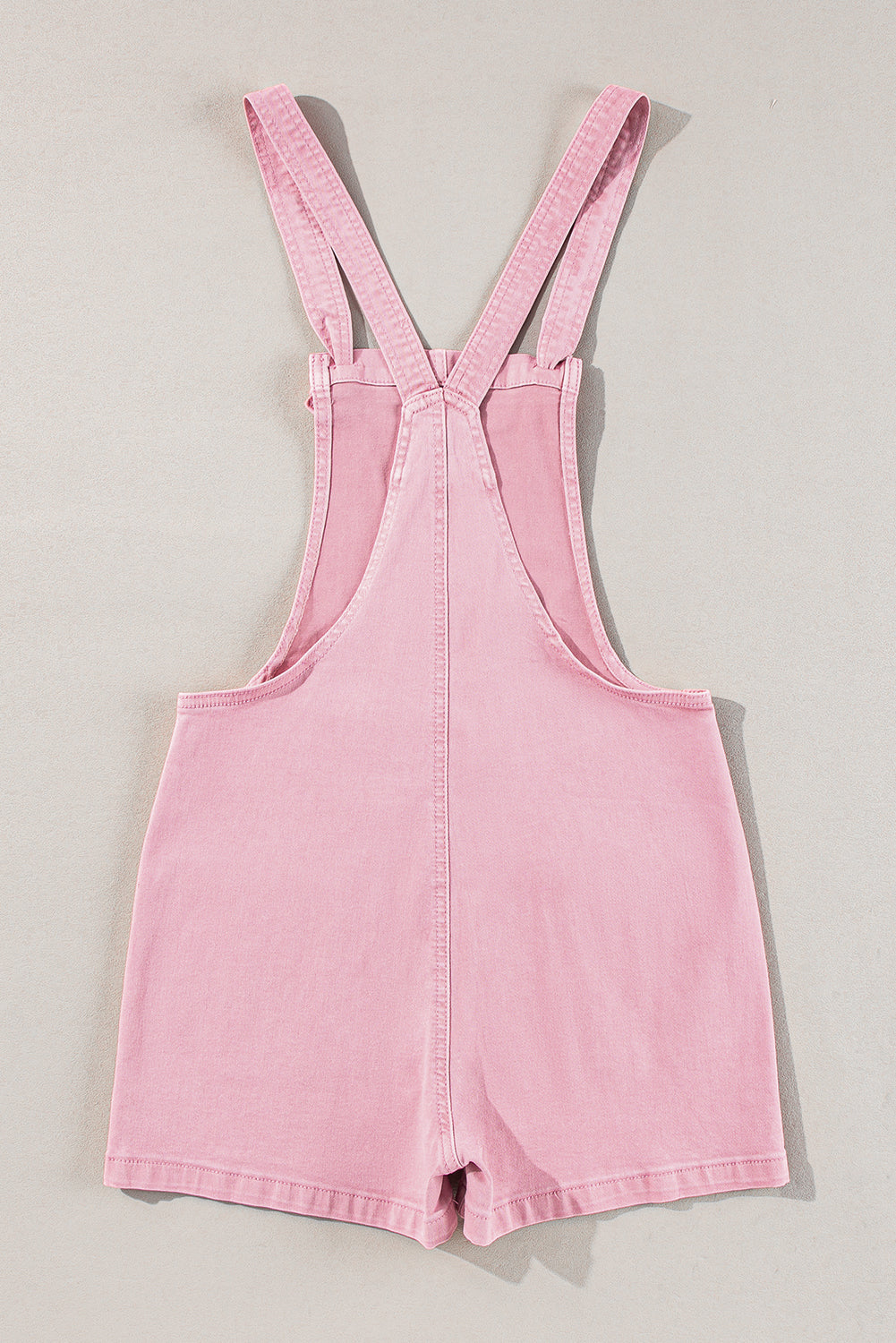 Pink Solid Color Knot Straps Denim Romper with Pockets