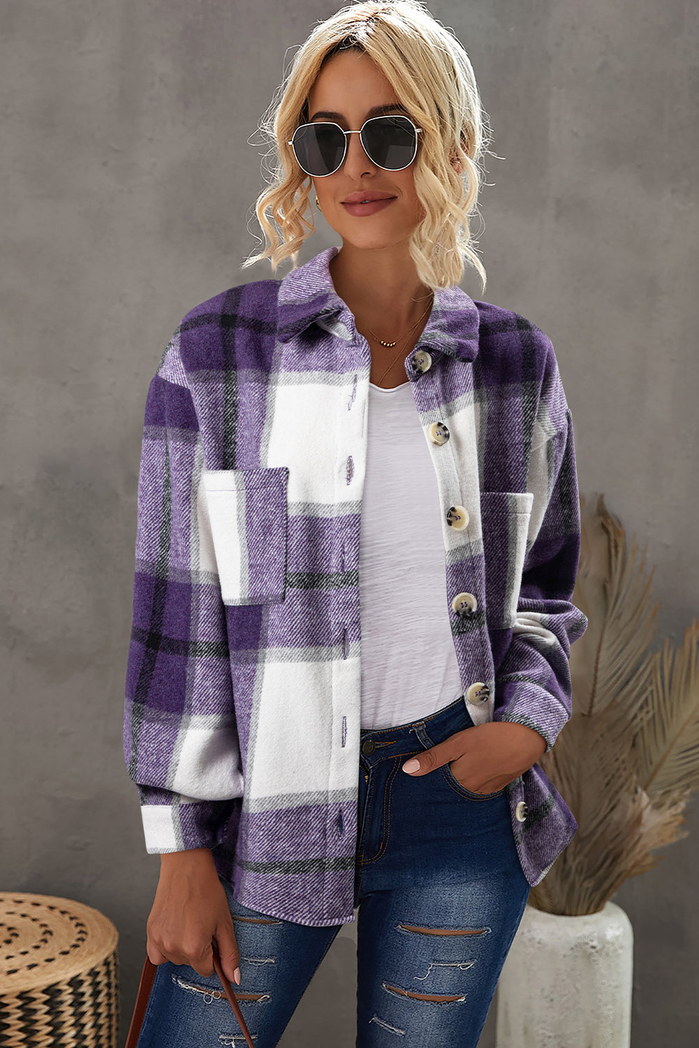 Purple Plaid Color Block Buttoned Long Sleeve Jacket with Pocket
