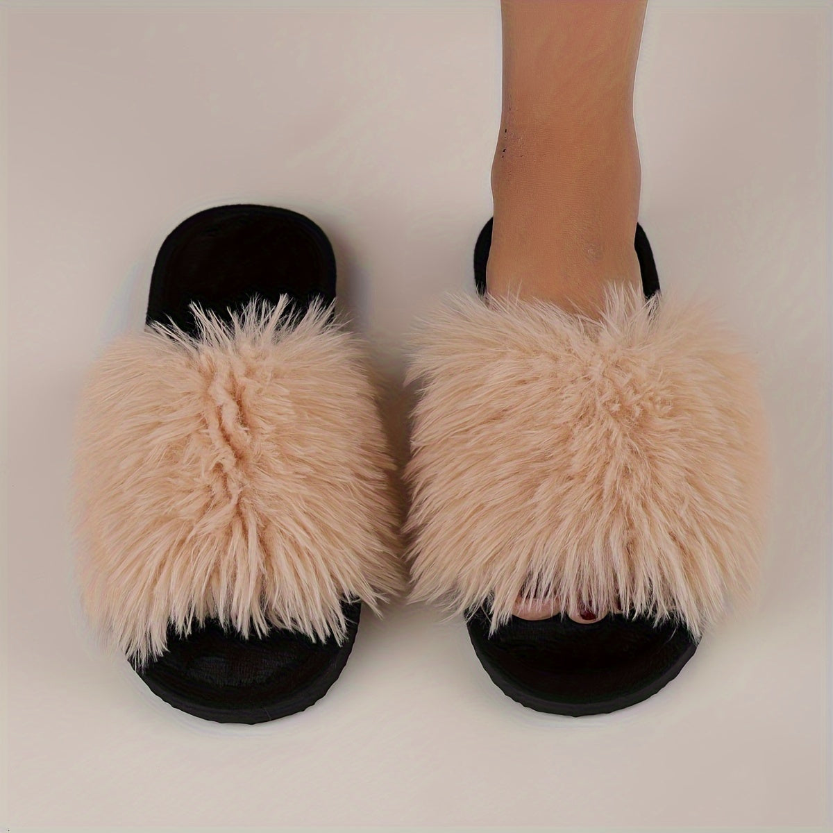 Elegant Women's Faux Fur Slippers - Winter Plush Open Toe Slip-On House Slippers with EVA Sole - Solid Color Fluffy Indoor Cotton Slides - Cixi Production Area