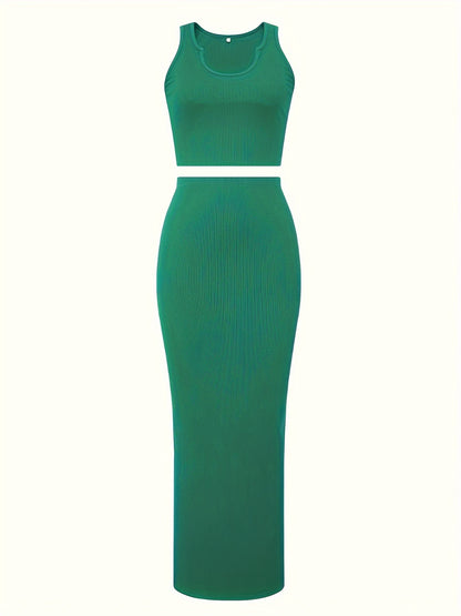 Trendy Two-Piece Set - Sexy Scoop Neck Sleeveless Tank Top & Flowy Bag Hip Maxi Skirt Outfit - Comfortable, Versatile, and Chic Women's Clothing for Everyday Wear