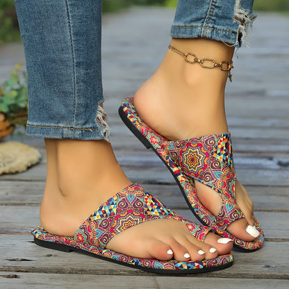 Vibrant Boho Chic Flat Sandals - Colorful Patterned, Summer Fashion, Slip-On, Casual, Open Toe, Beach Footwear with Soft Insole and Adjustable Ankle Strap for Women
