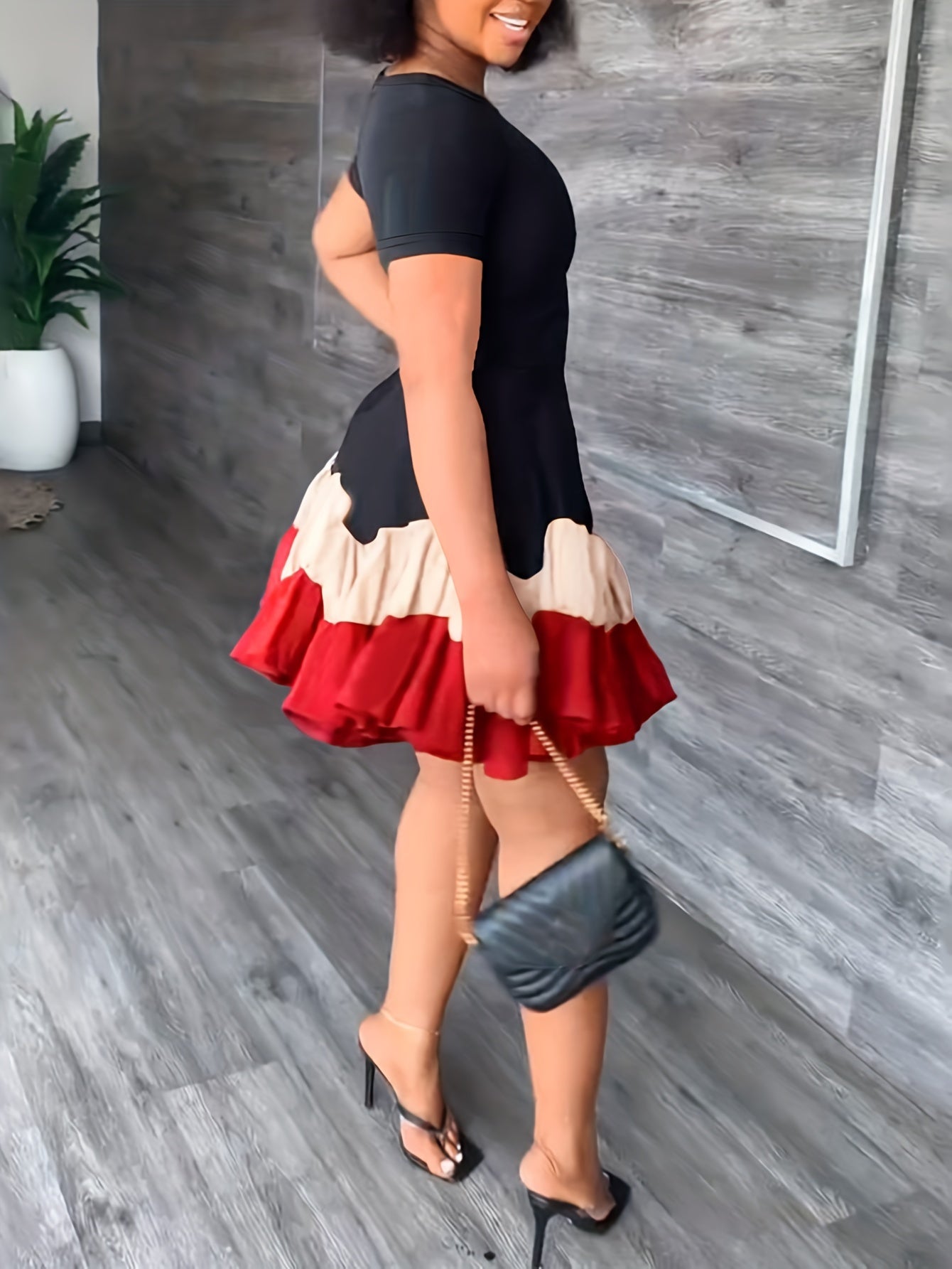 Women's Summer Color Block A-Line Dress - Black & Red Pleated Skirt, Breathable Short Sleeve, Machine Washable, Vacation & Casual Wear, Summer Fashion, Nontransparent Material