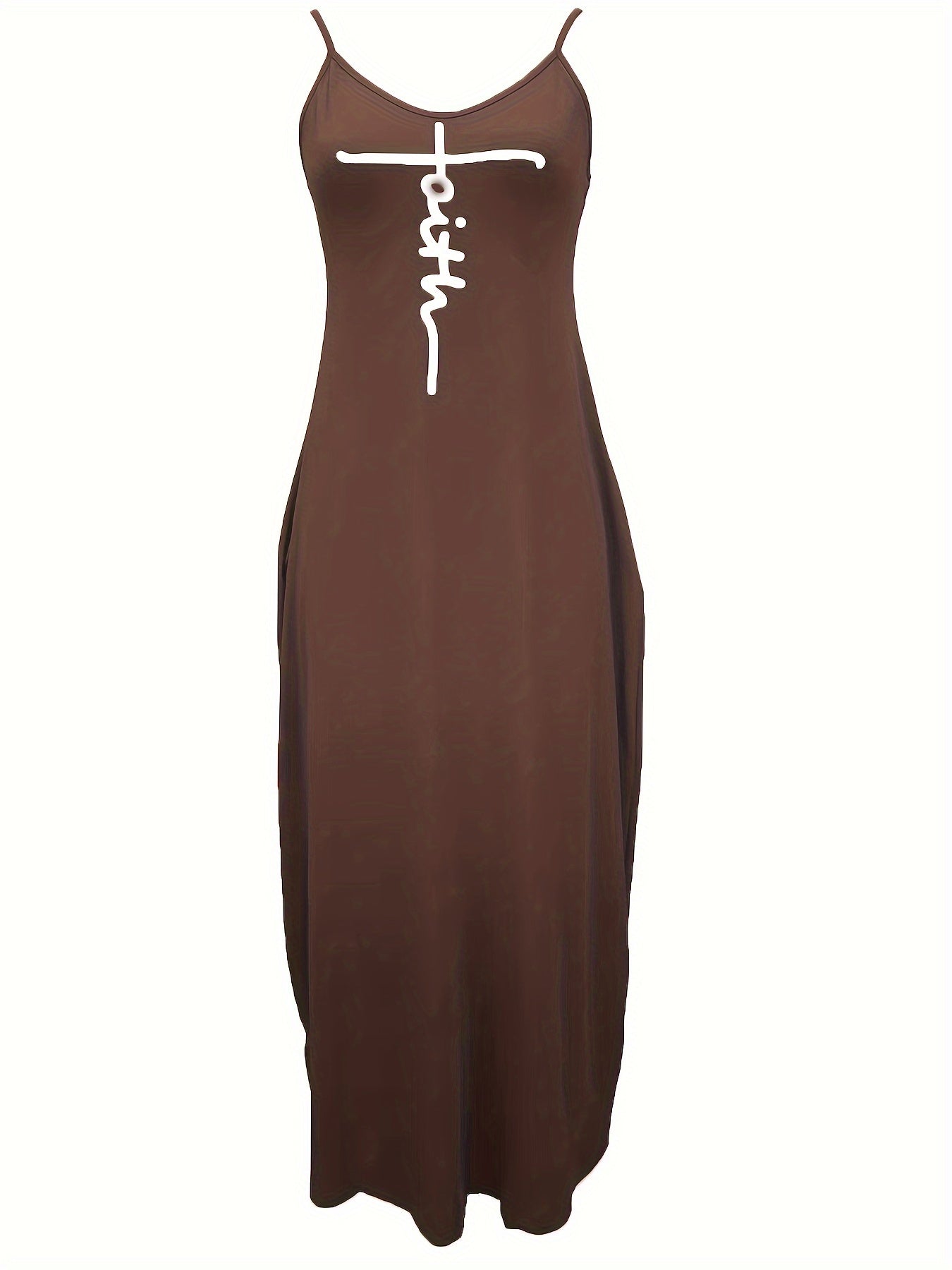Faith Print Backless Dress, Casual Spaghetti Strap V Neck Loose Dress, Women's Clothing