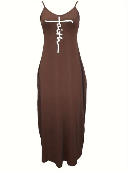 Faith Print Backless Dress, Casual Spaghetti Strap V Neck Loose Dress, Women's Clothing