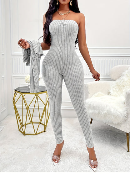 Two-Piece Ribbed Outfit Set - Long Sleeve Button Front Crop Cardigan & Skinny Strapless Jumpsuit - Soft, Stretchy, and Cozy Women's Clothing for Everyday Wear