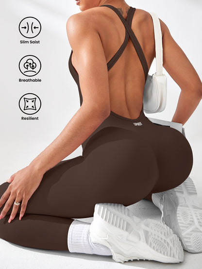 Women's High-Waisted Stretchy Yoga Jumpsuit - Smooth Knit Fabric, Solid Color, Long Sleeve, Round Neck, Machine Washable, Perfect for Sports & Fitness