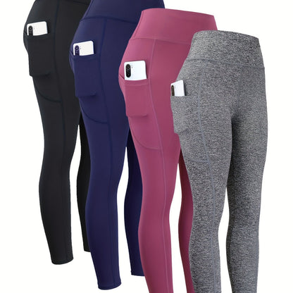 4pcs High Waist Yoga Leggings With Pocket For Women, Solid Color, Tight Fit, Women's Activewear