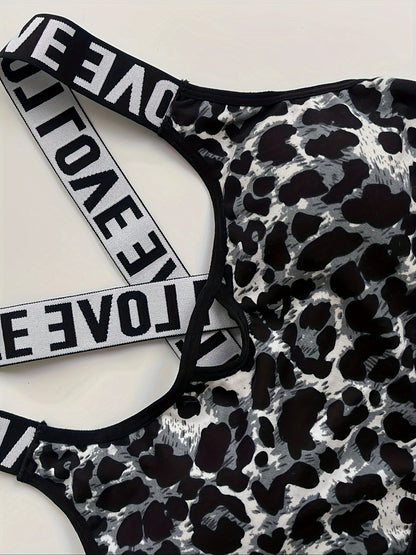 Women's Leopard Print Sports Bra, Athletic Supportive Crop Top, Breathable Gym Workout Underwear with Elastic "LOVE" Strap