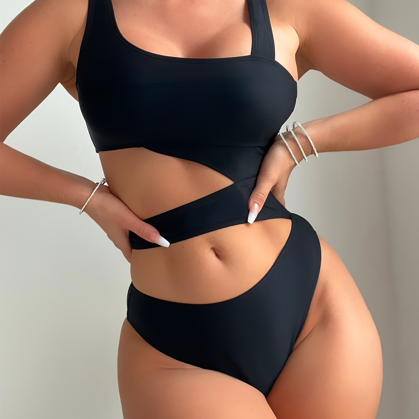 Plain Black Cut Out One-piece Swimsuit, Asymmetric High Stretch Monokini Bathing Suits, Women's Swimwear & Clothing