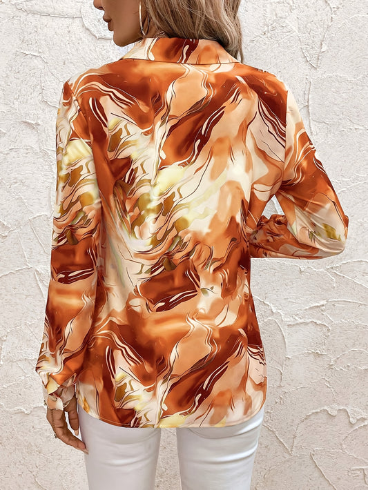 Elegant Middle Eastern Style Women's Long Sleeve Shirt - 100% Polyester Printed Casual Button-Up Blouse with Polo Collar and Regular Fit for Spring/Summer/Fall - Tight Hem Woven Shirt for Weekend Casual