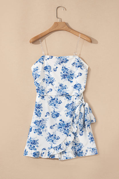 Sky Blue Floral Print Strapless Zipped Back Knot Waist Ruffled Romper