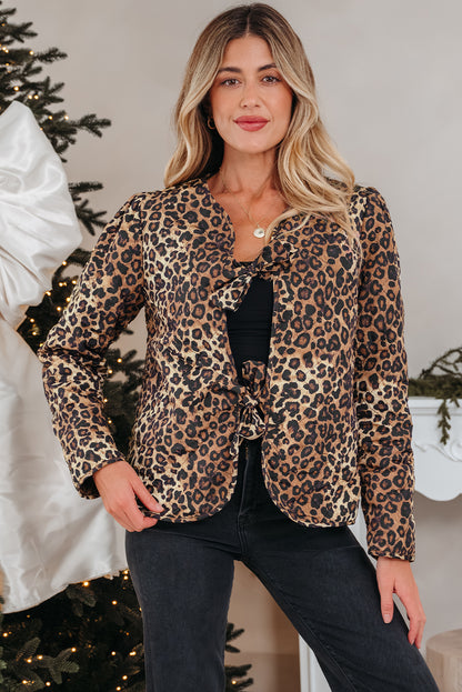 Khaki Leopard Quilted Tie Front Jacket