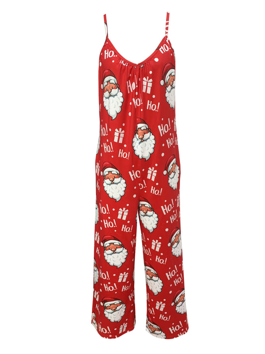 Plus Size Christmas Casual Jumpsuit, Women's Plus Santa Claus & Letter Print V Neck Wide Leg Cami Jumpsuit With Pockets