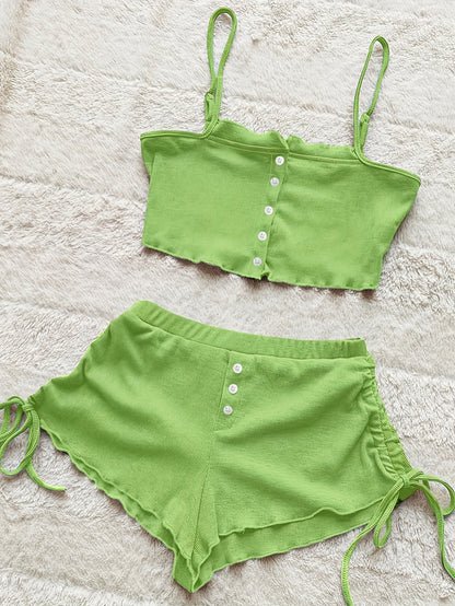 Simple Solid Print Lounge Set, Buttons Cami Top & Drawstring Shorts, Women's Loungewear & Sleepwear Koningsdag/King's Day