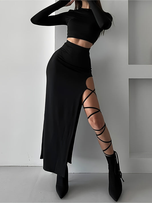 Sexy Two-Piece Outfit Set - Long Sleeve Crew Neck Slim Fit Crop Top & High Waist Asymmetrical Split Thigh Skirt - Women's Comfortable Bodycon Clothing for Daily Wear, Party, Date Night, and Special Occasions