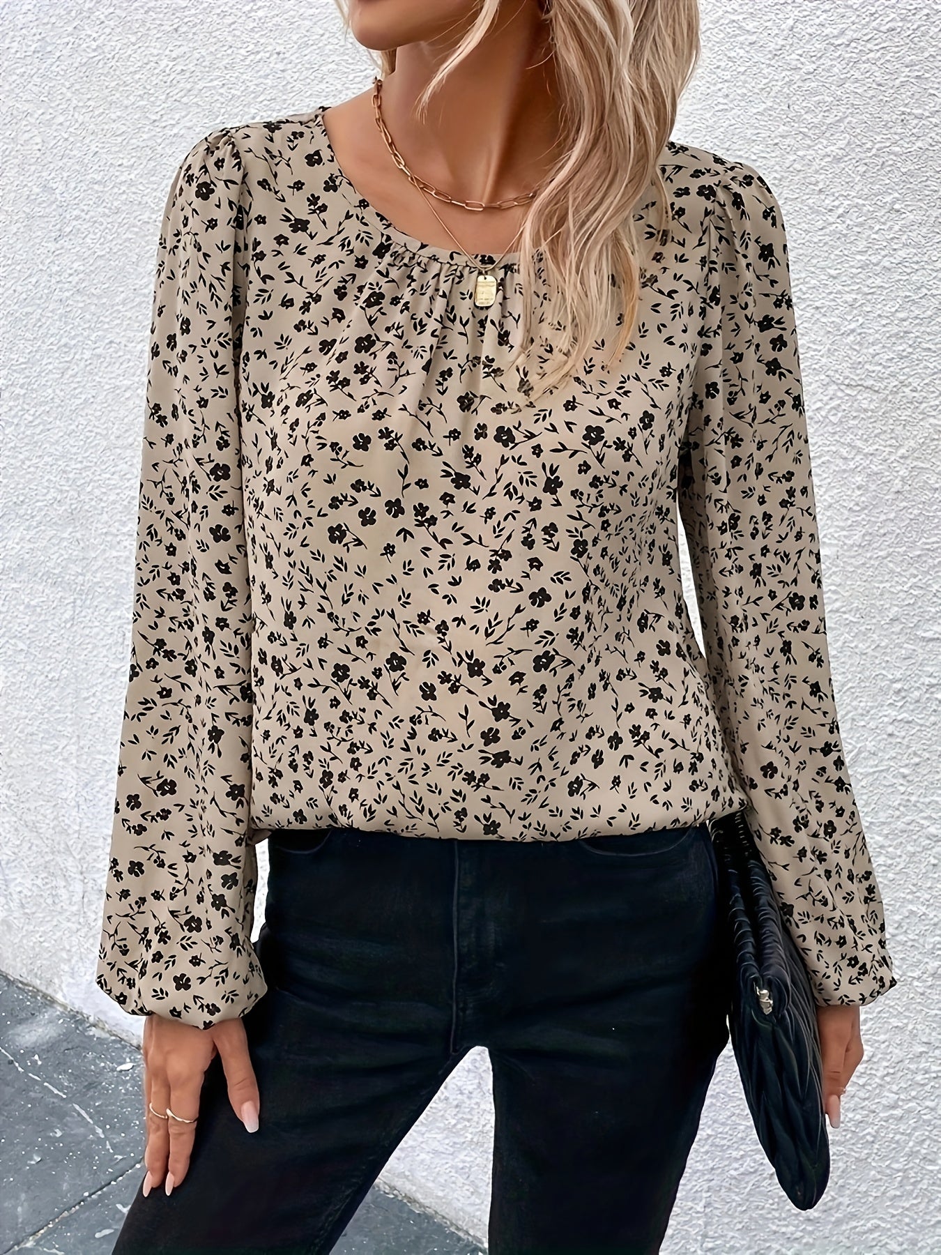 Women's Plus Size Floral Print Blouse with Lantern Sleeves - Casual Round Neck, Loose Fit, Machine Washable, Polyester