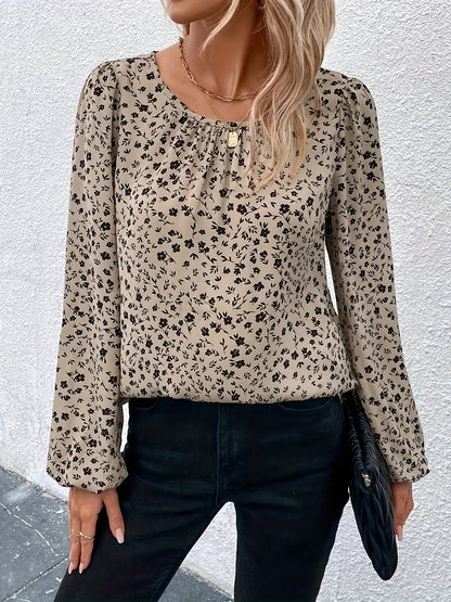 Women's Plus Size Floral Print Blouse with Lantern Sleeves - Casual Round Neck, Loose Fit, Machine Washable, Polyester