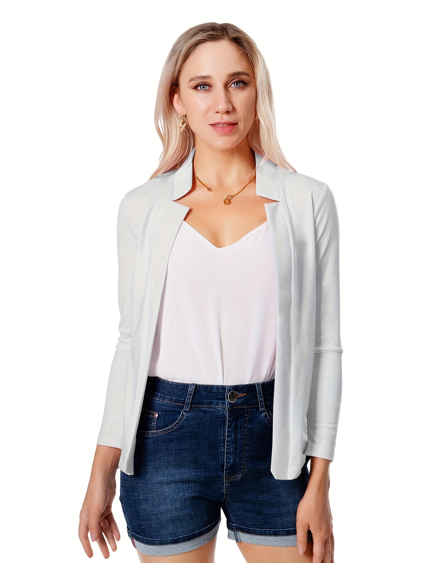 Solid Open Front Blazer, Casual Long Sleeve Blazer For Office & Work, Women's Clothing