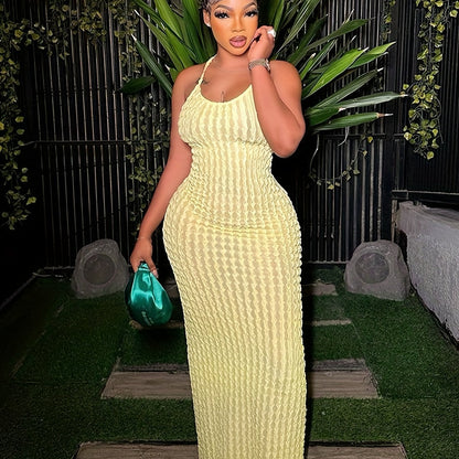 Solid Spaghetti Popcorn Dress, Sexy Backless Dress For Spring & Summer, Women's Clothing