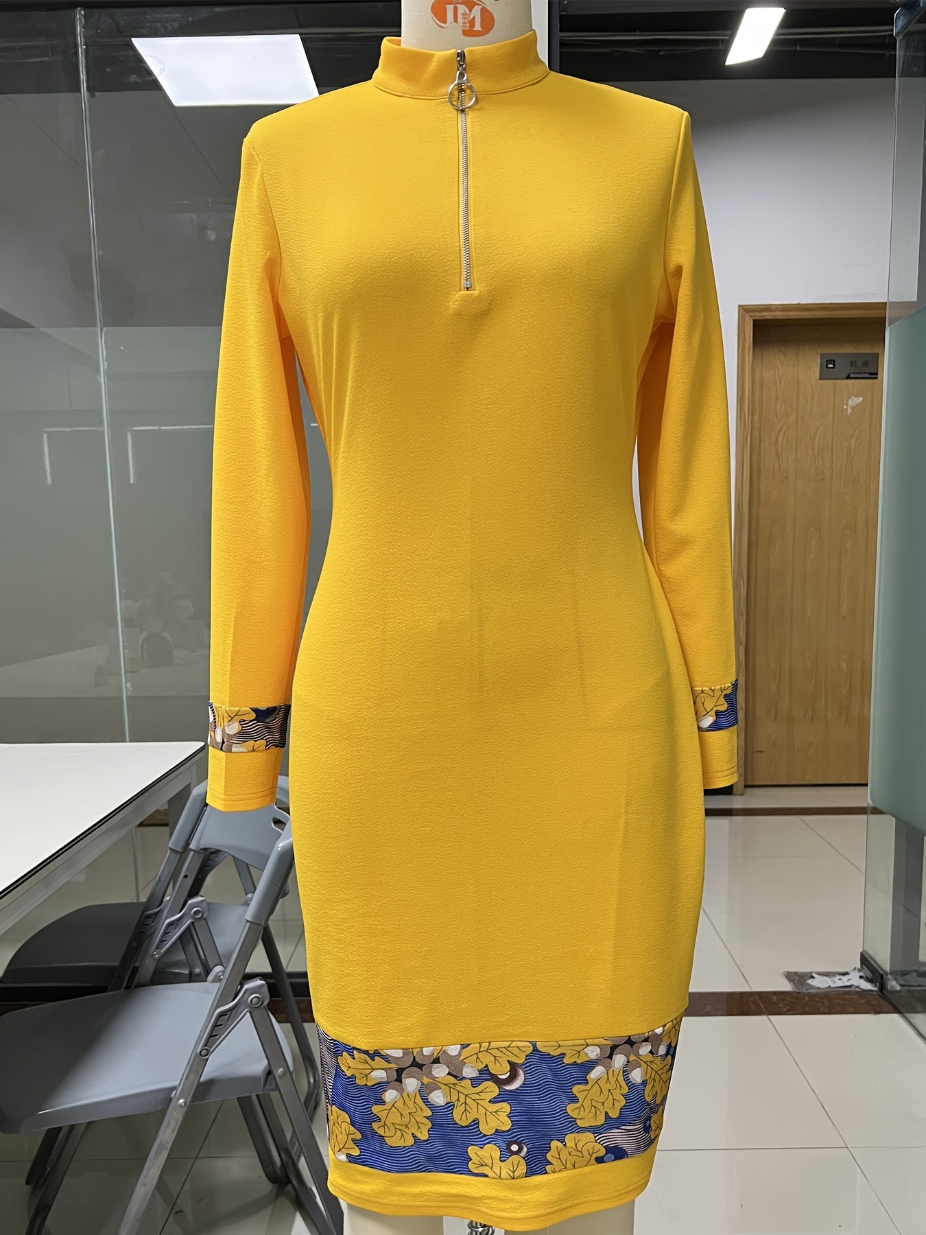 Zip Up Striped Print Dress, Casual Long Sleeve Bodycon Midi Dress, Women's Clothing