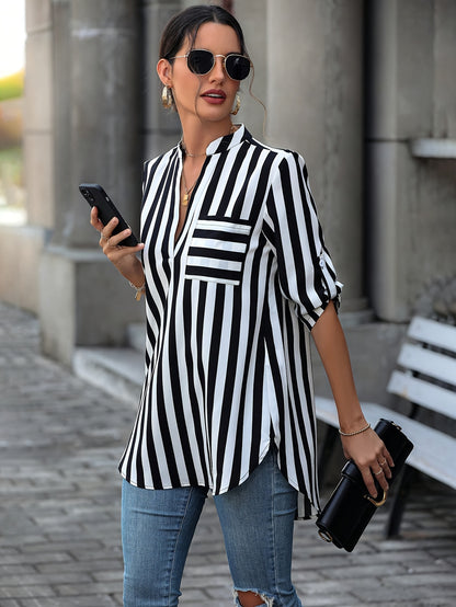 Vibrant Striped Loose Fit Blouse - Notched Neck, Roll Up Sleeves, Casual Chic for Spring & Fall, Comfortable Women's Clothing for Everyday Wear