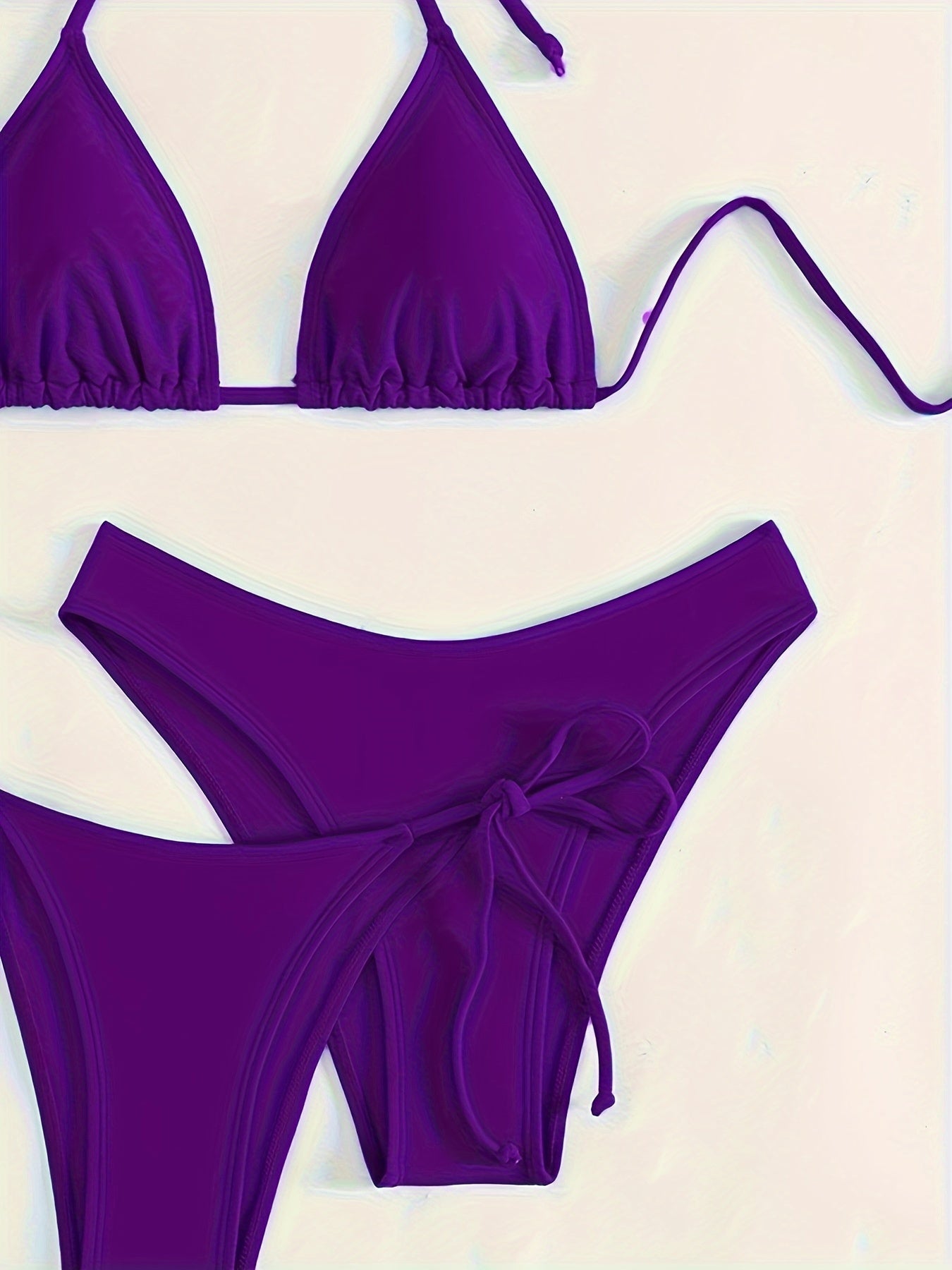 Solid Color 3 piece Set Bikini, Halter Neck Backless Swimsuits, Women's Swimwear & Clothing