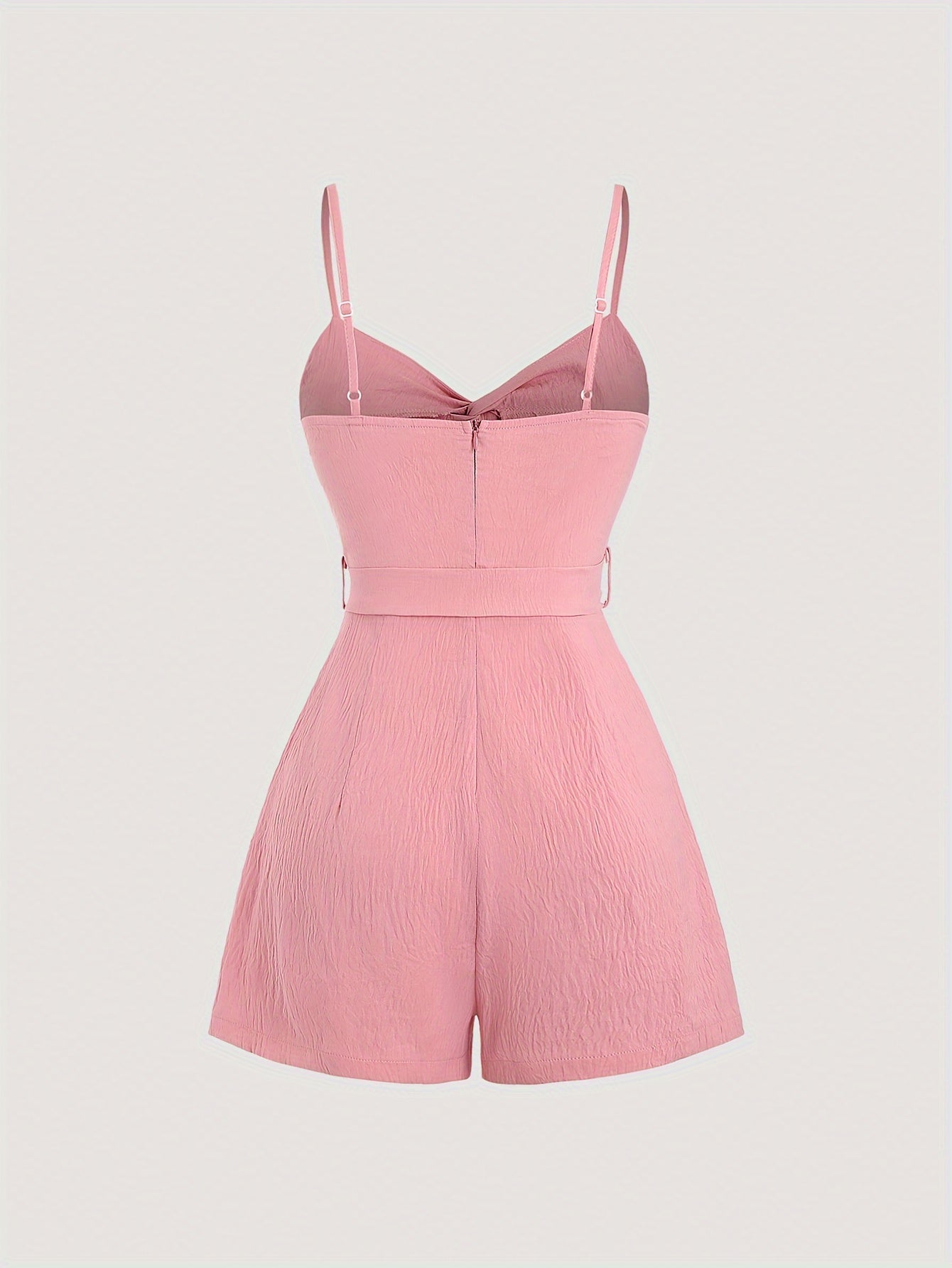 Twist Front Solid Belted Romper Jumpsuit, Casual Backless Spaghetti Strap Romper Jumpsuit For Spring & Summer, Women's Clothing