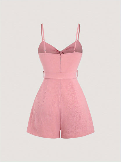 Twist Front Solid Belted Romper Jumpsuit, Casual Backless Spaghetti Strap Romper Jumpsuit For Spring & Summer, Women's Clothing