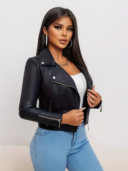 Women's Fashion Faux Leather Jacket 2024, Slim Fit PU Leather Biker Jacket, Solid Color, Long Sleeve, Zipper Front, Spring/Autumn Season, with Pockets, Commuter Style