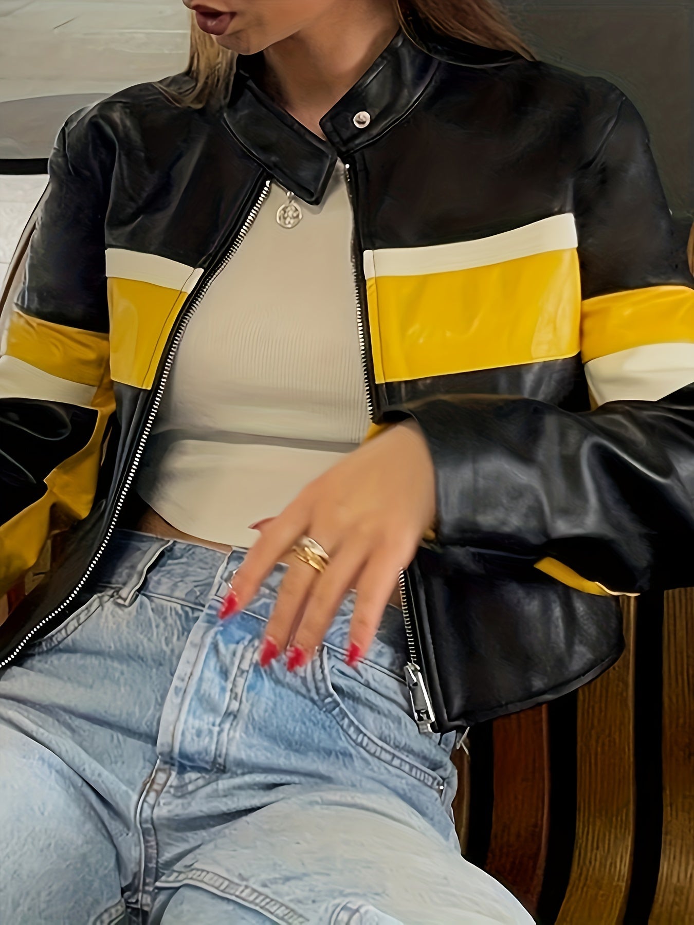 Faux Leather Zip Up Moto Jacket, Vintage Long Sleeve Jacket For Spring & Fall, Women's Clothing