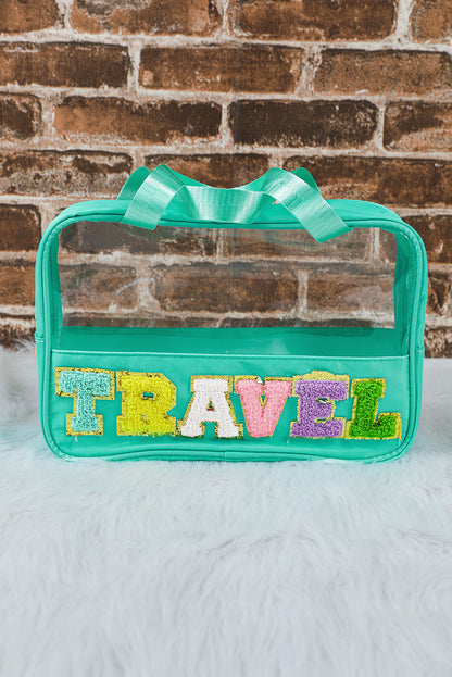 Mint Green TRAVEL Chenille Letter Clear PVC Makeup Bag