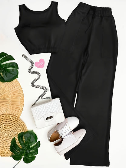 Trendy Two-Piece Crop Top Set - Soft Solid Color, Crew Neck, Drawstring Waist, Straight Leg Pants, Comfy Women's Casual Outfit for Daily Wear