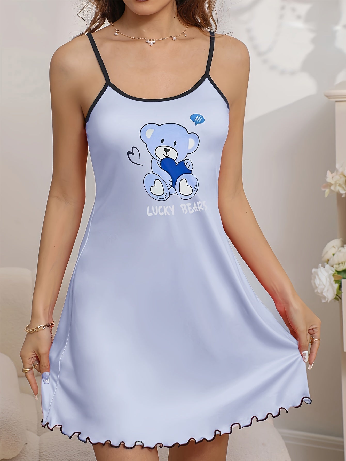 Women's Teddy Bear With Heart & Letter Print Casual Frill Trim Sleepwear Dress, Round Neck Backless Slip Dress, Comfortable Nightgown