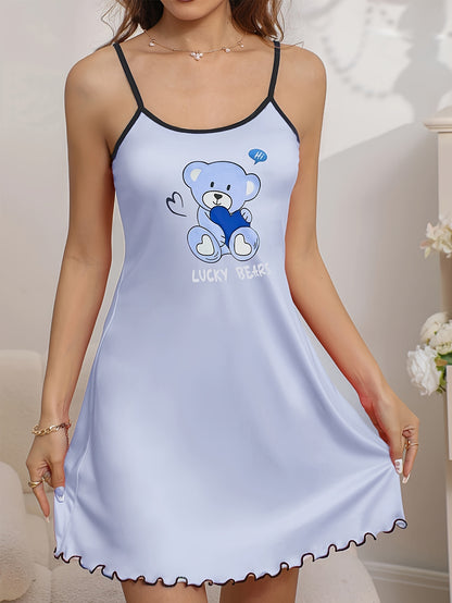 Women's Teddy Bear With Heart & Letter Print Casual Frill Trim Sleepwear Dress, Round Neck Backless Slip Dress, Comfortable Nightgown