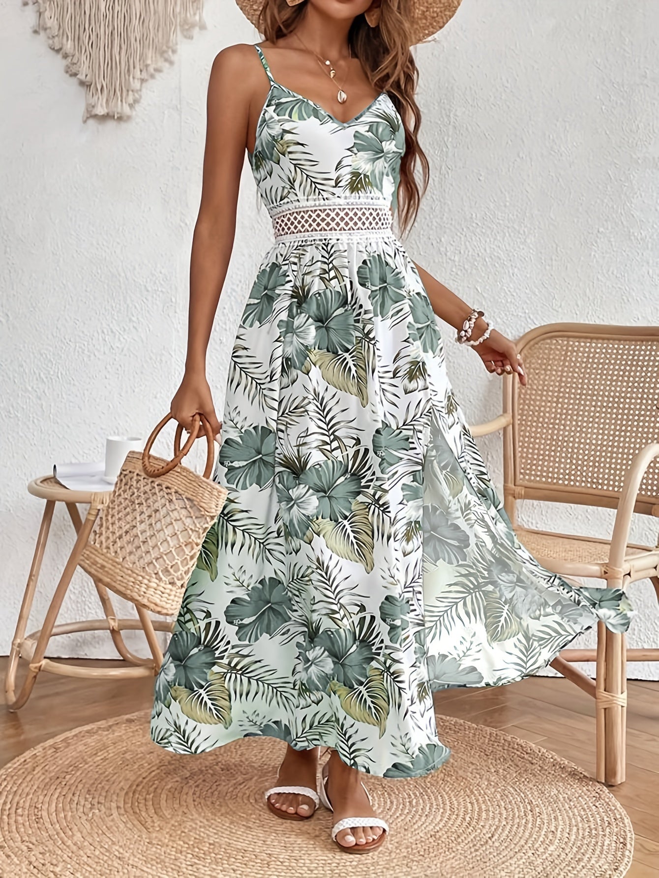 Floral Print Spaghetti Strap Dress, Elegant Sleeveless Split Dress For Spring & Summer, Women's Clothing