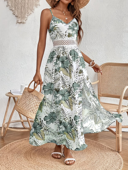 Floral Print Spaghetti Strap Dress, Elegant Sleeveless Split Dress For Spring & Summer, Women's Clothing