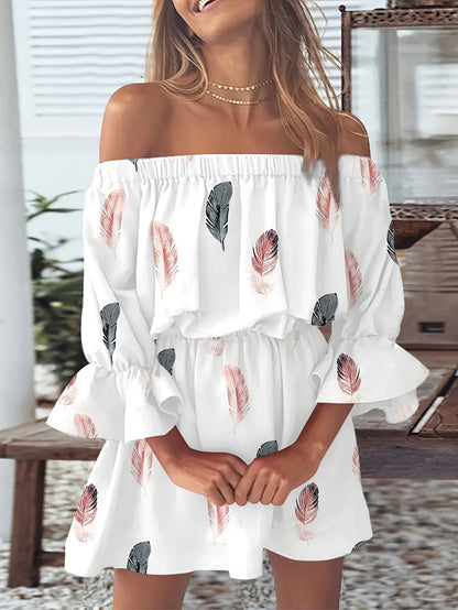 Stunning Off-Shoulder Feather Print Maxi Dress - Chic Flounce Sleeves, Flowy Bohemian Design, Summer Casual Wear, Elegant Party Dress for Women - Soft Fabric, Relaxed Fit, and Comfortable to Wear