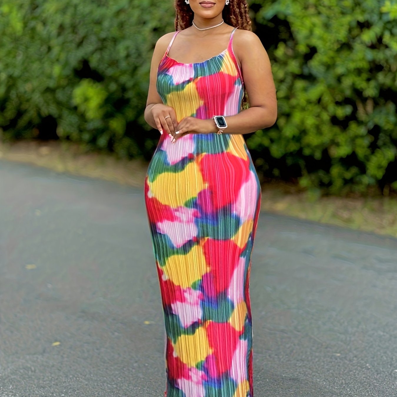 Tie Dye Print Pleated Dress, Summer Spaghetti Strap Bodycon Dress, Women's Clothing