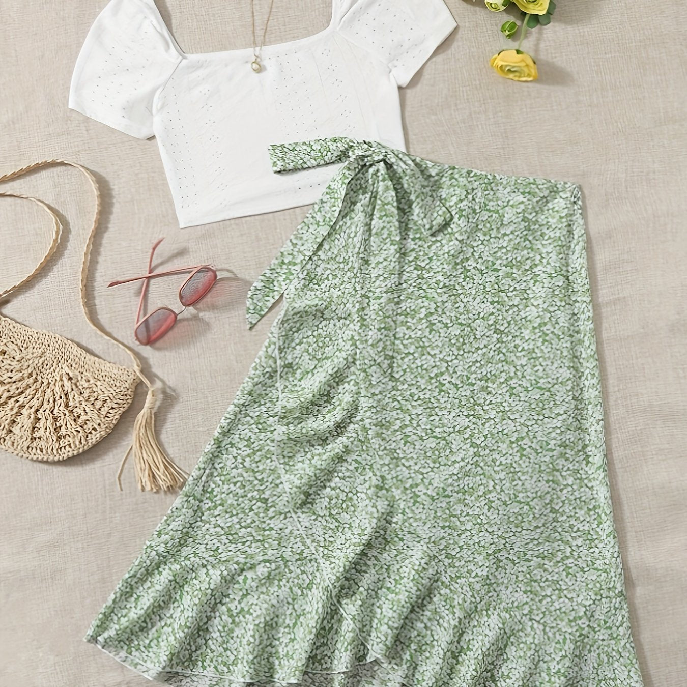 Vacation Ready - Chic Square Neck Crop Top & Adjustable Print Wrap Skirt Set - Flirty Short Sleeves, Womens Two-Piece Outfit