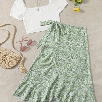 Vacation Ready - Chic Square Neck Crop Top & Adjustable Print Wrap Skirt Set - Flirty Short Sleeves, Womens Two-Piece Outfit