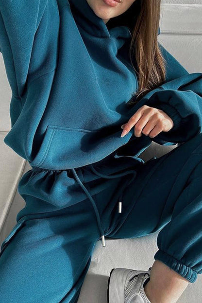 Peacock Blue Cozy Hooded Sweatshirt Drawstring Elastic Waistband Cargo Pant Set